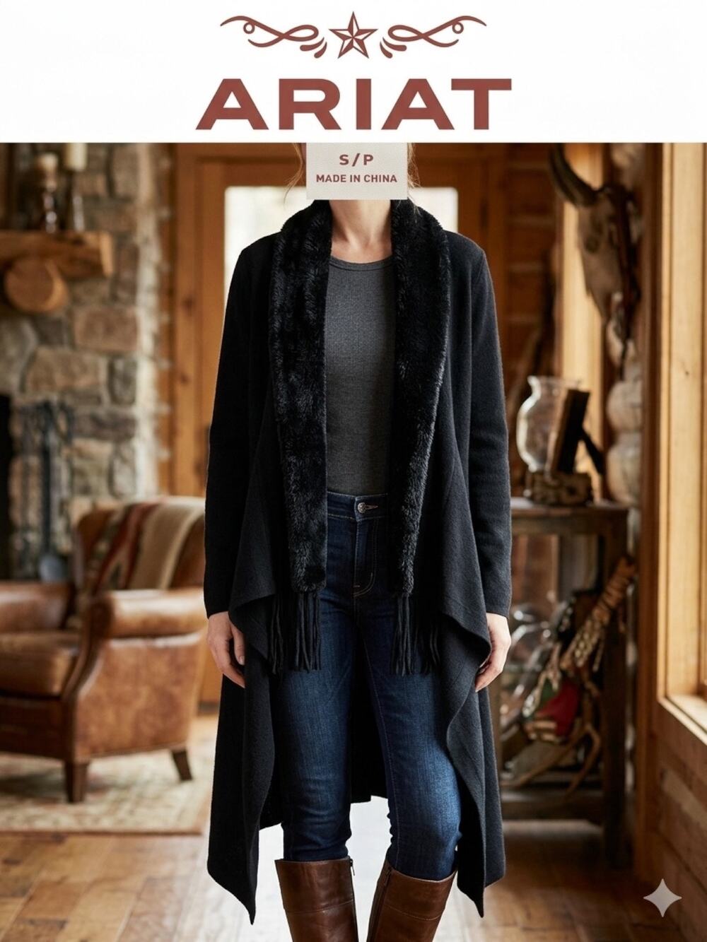 Ariat Black Draped Faux Fur Collar Cardigan